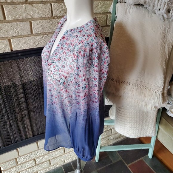 Ecru Blue Light, Airy Boho Floral Chiffon Poet Sleeve Ombre Blouse/Top XS/S - Picture 3 of 9